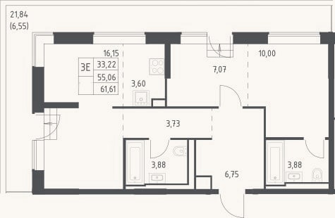 Планировка: 3-к, 55,1 м²