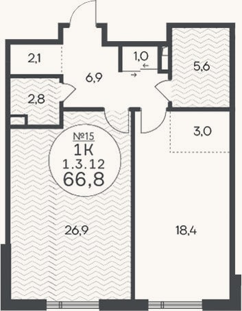 Планировка: 2-к, 66,8 м²
