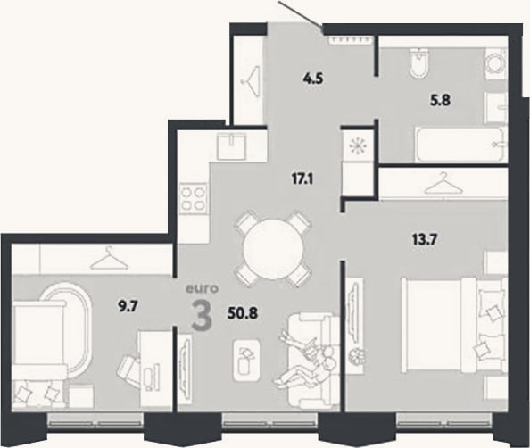 Планировка: 3-к, 50,8 м²
