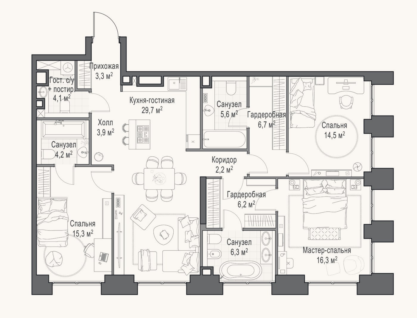 Планировка: 4+ к, 119,3 м²