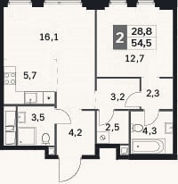 Планировка: 2-к, 54,5 м²