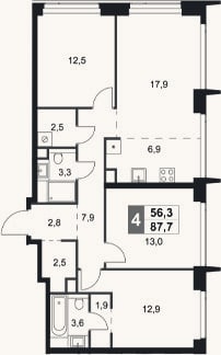 Планировка: 4+ к, 87,7 м²