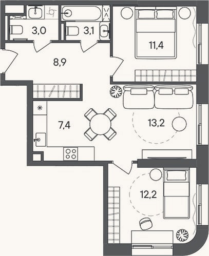 Планировка: 3-к, 59,2 м²