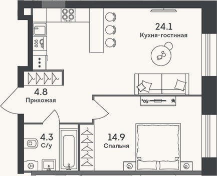 Планировка: 2-к, 48,1 м²