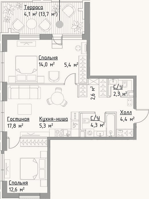 Планировка: 3-к, 68,7 м²
