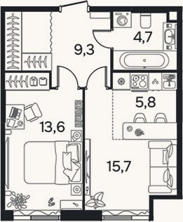 Планировка: 1-к, 43,3 м²