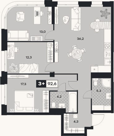 Планировка: 3-к, 96,3 м²