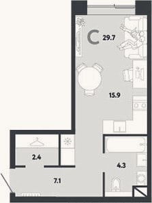 Планировка: Студия, 29,7 м²