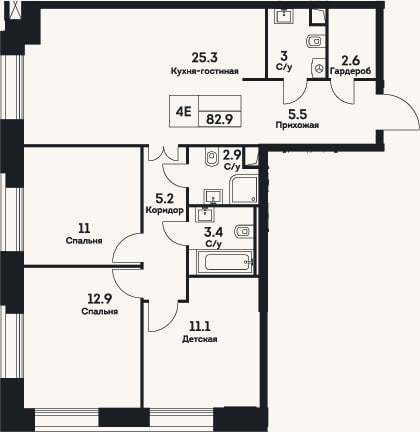 Планировка: 4+ к, 82,9 м²