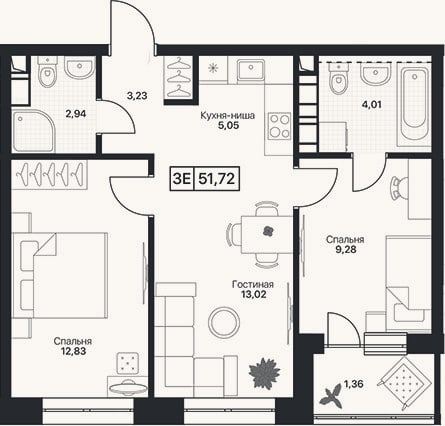 Планировка: 3-к, 50,4 м²