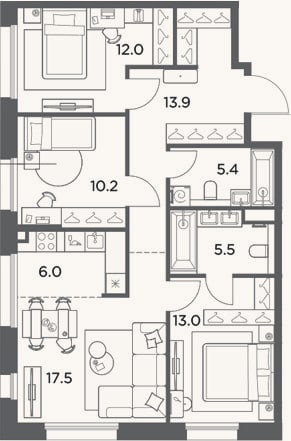 Планировка: 4+ к, 83,5 м²