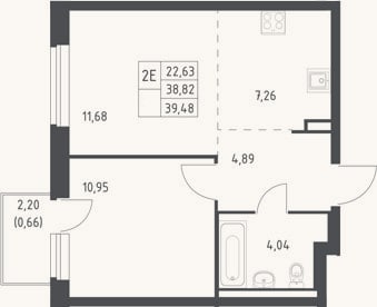 Планировка: 2-к, 38,8 м²