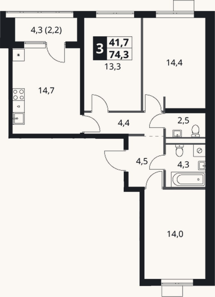 Планировка: 3-к, 72,1 м²