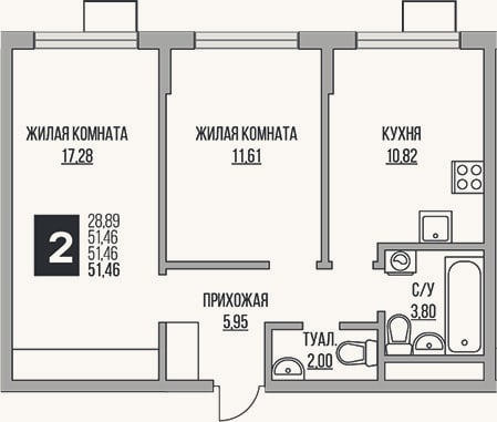 Планировка: 2-к, 51,5 м²
