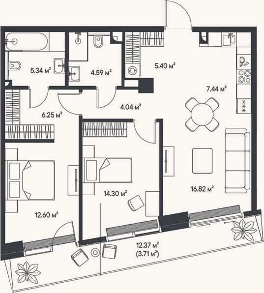 Планировка: 3-к, 76,8 м²