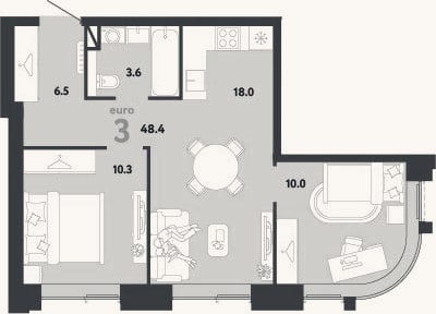 Планировка: 3-к, 48,4 м²