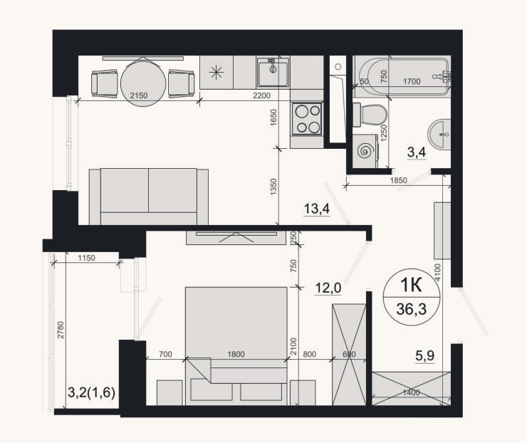 Планировка: 1-к, 34,7 м²
