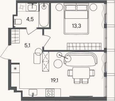 Планировка: 1-к, 42 м²