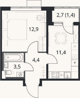 Планировка: 1-к, 32,2 м²