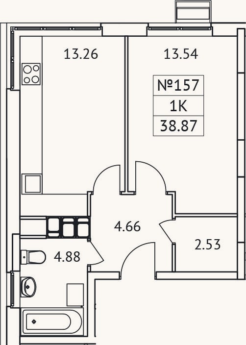 Планировка: 1-к, 38,9 м²