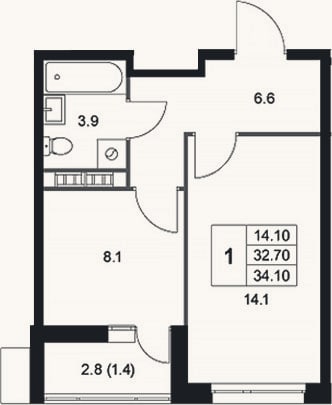 Планировка: 1-к, 32,7 м²