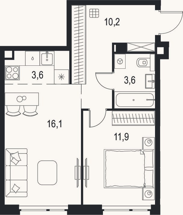 Планировка: 2-к, 45,4 м²
