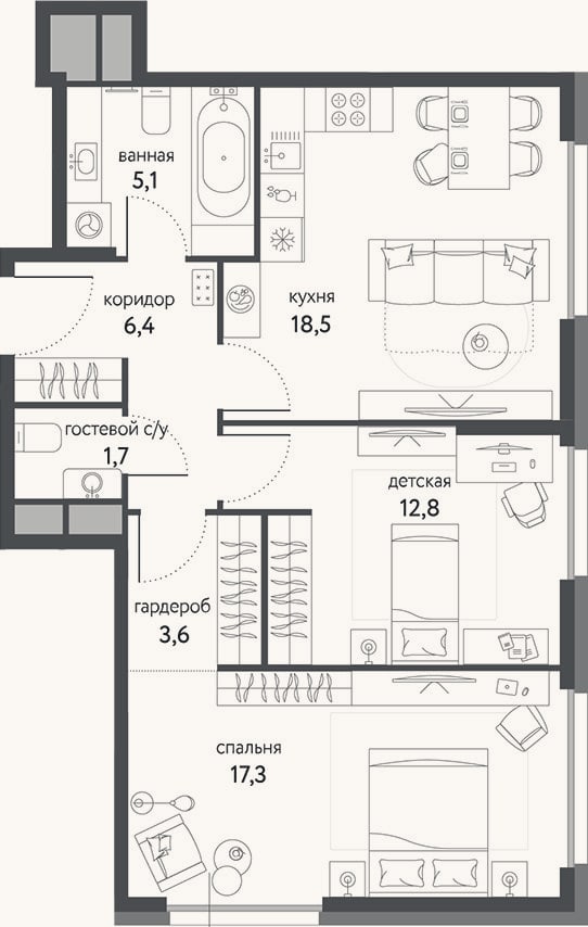 Планировка: 2-к, 65,4 м²