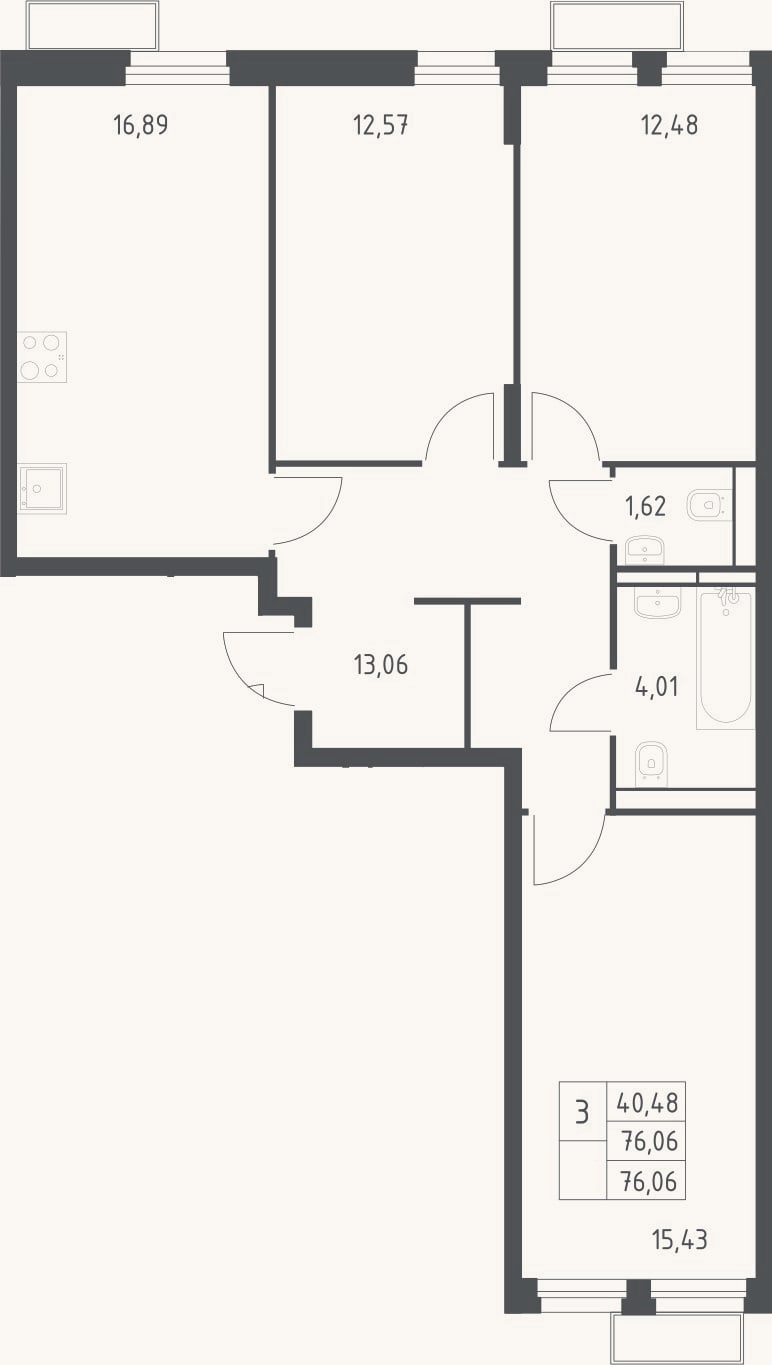 Планировка: 3-к, 76,1 м²