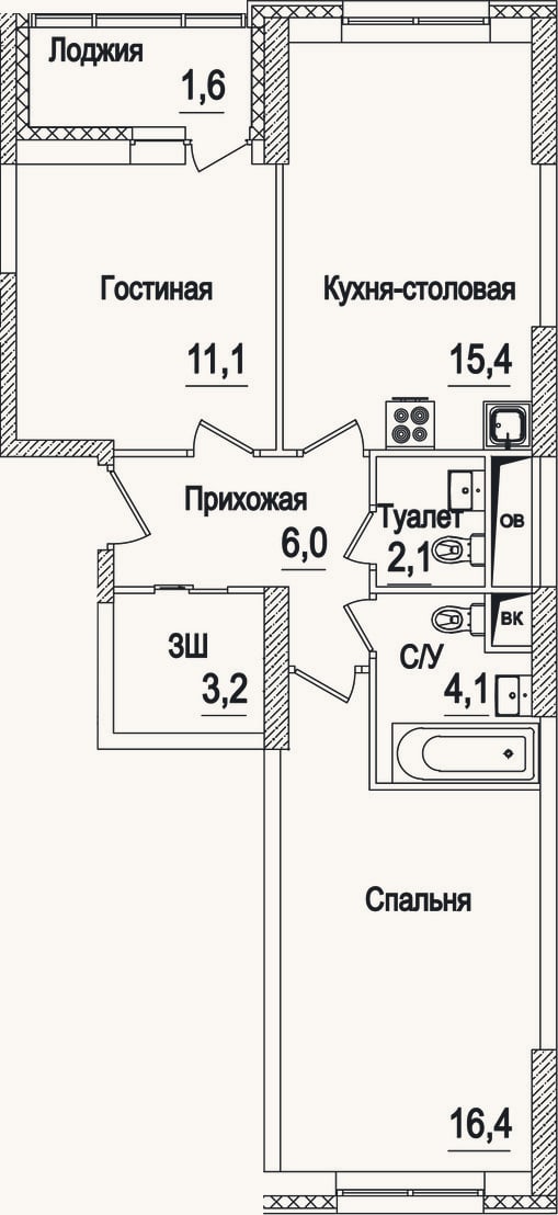 Планировка: 3-к, 58,3 м²