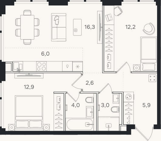 Планировка: 3-к, 62,9 м²