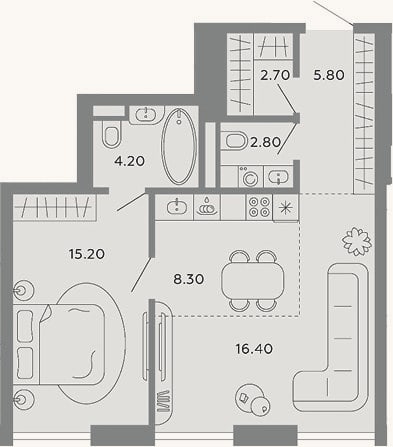 Планировка: 2-к, 55,4 м²