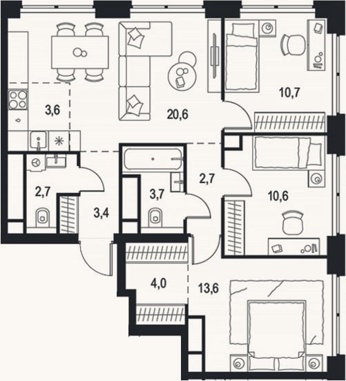 Планировка: 4+ к, 75,6 м²