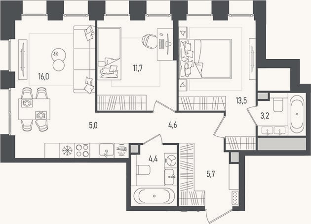 Планировка: 3-к, 64,1 м²