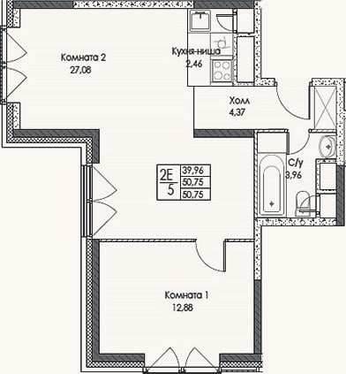 Планировка: 2-к, 50,8 м²