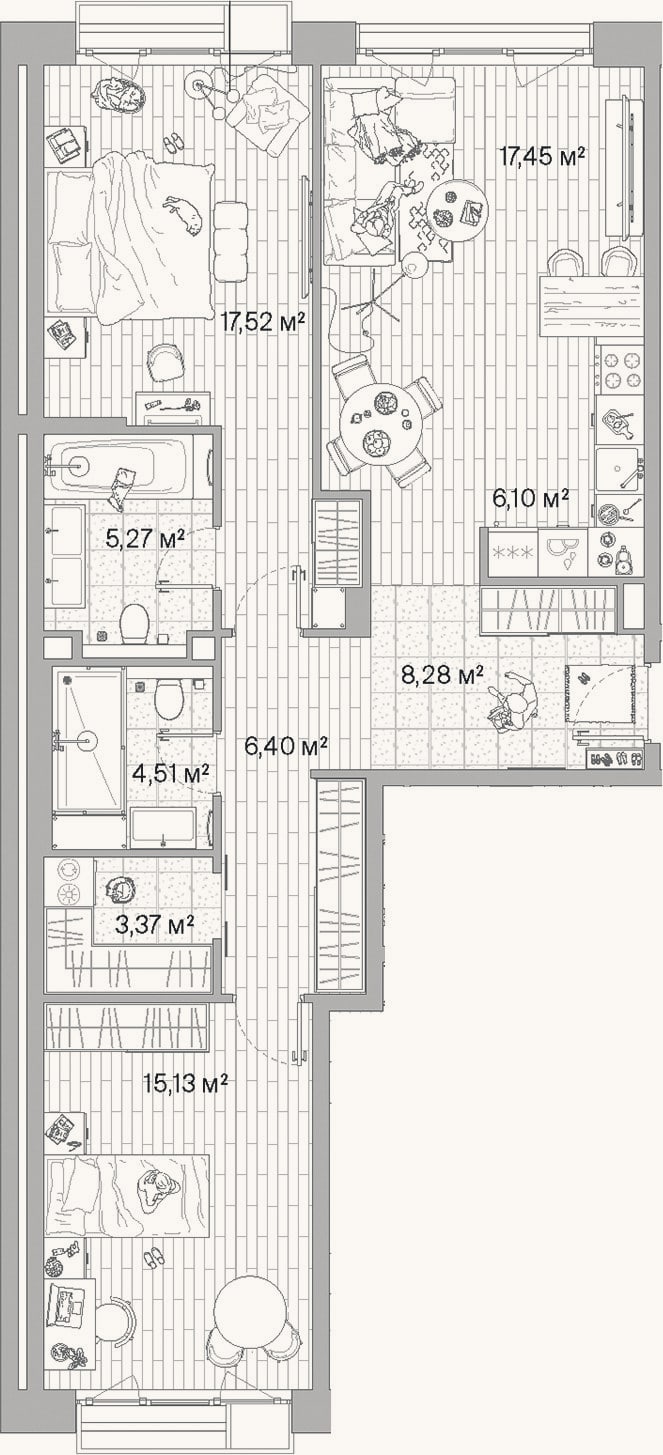 Планировка: 3-к, 84 м²