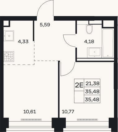 Планировка: 2-к, 35,5 м²