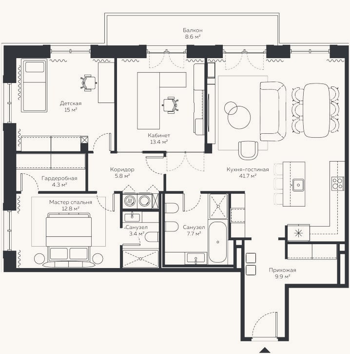 Планировка: 4+ к, 125,3 м²