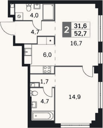 Планировка: 2-к, 52,7 м²