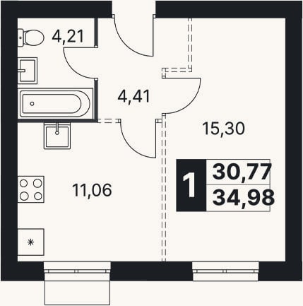 Планировка: 1-к, 35 м²