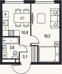 Планировка: 1-к, 33,9 м²