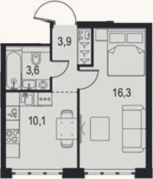 Планировка: 1-к, 33,9 м²