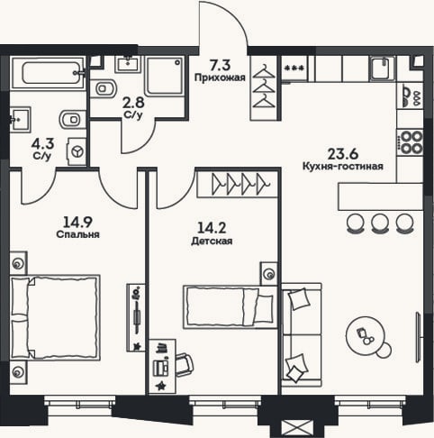 Планировка: 3-к, 67,1 м²