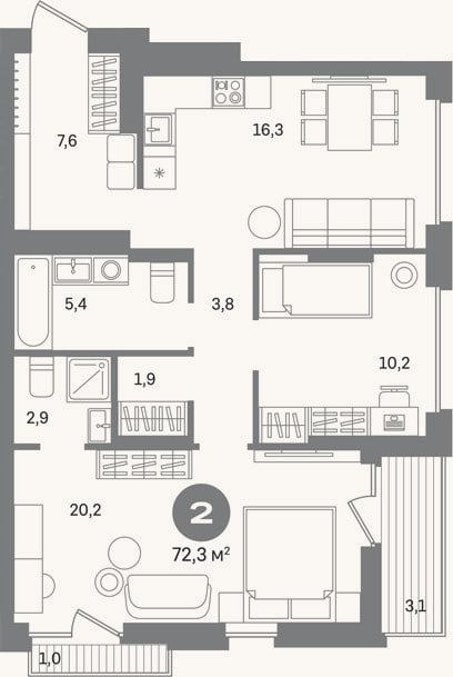 Планировка: 2-к, 68,2 м²