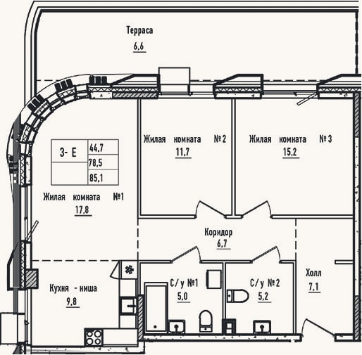 Планировка: 3-к, 78,5 м²