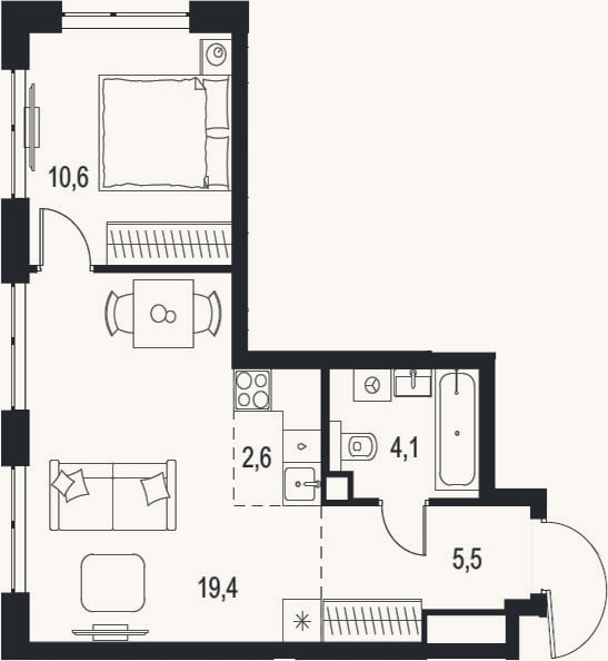 Планировка: 2-к, 42,2 м²
