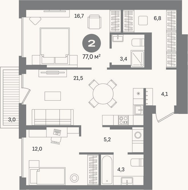 Планировка: 2-к, 74 м²