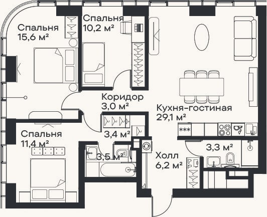 Планировка: 4+ к, 85,7 м²