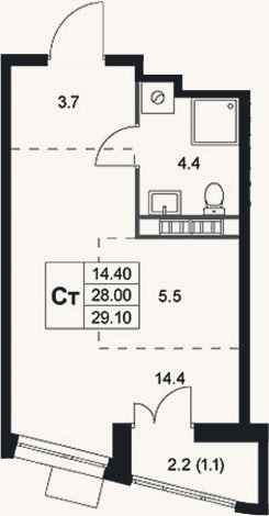 Планировка: Студия, 28 м²