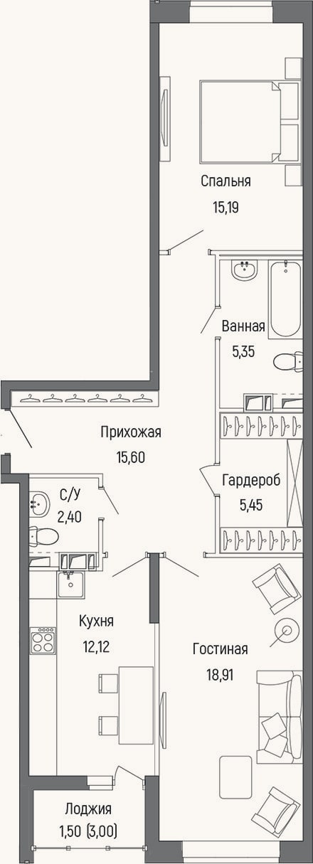 Планировка: 2-к, 74 м²