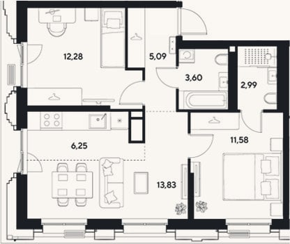 Планировка: 3-к, 55,6 м²